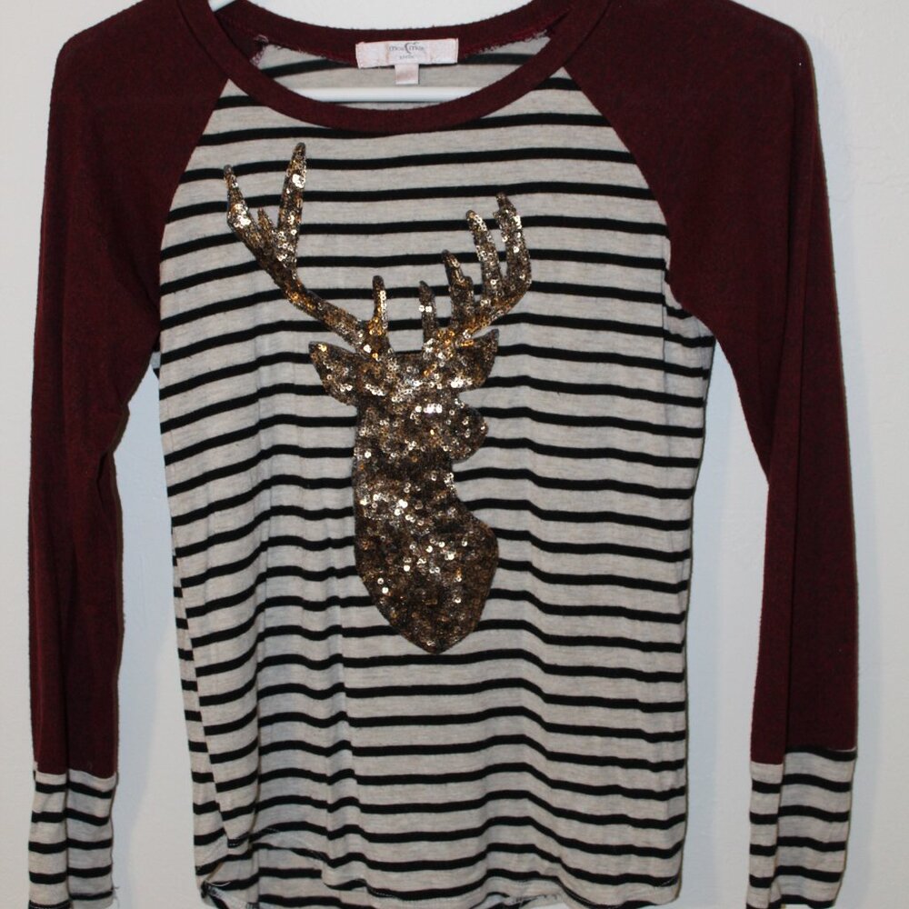 Moa Moa Girls Maroon, Black & White Stripe Long Sleeve w/Sequin Deer Head sz L